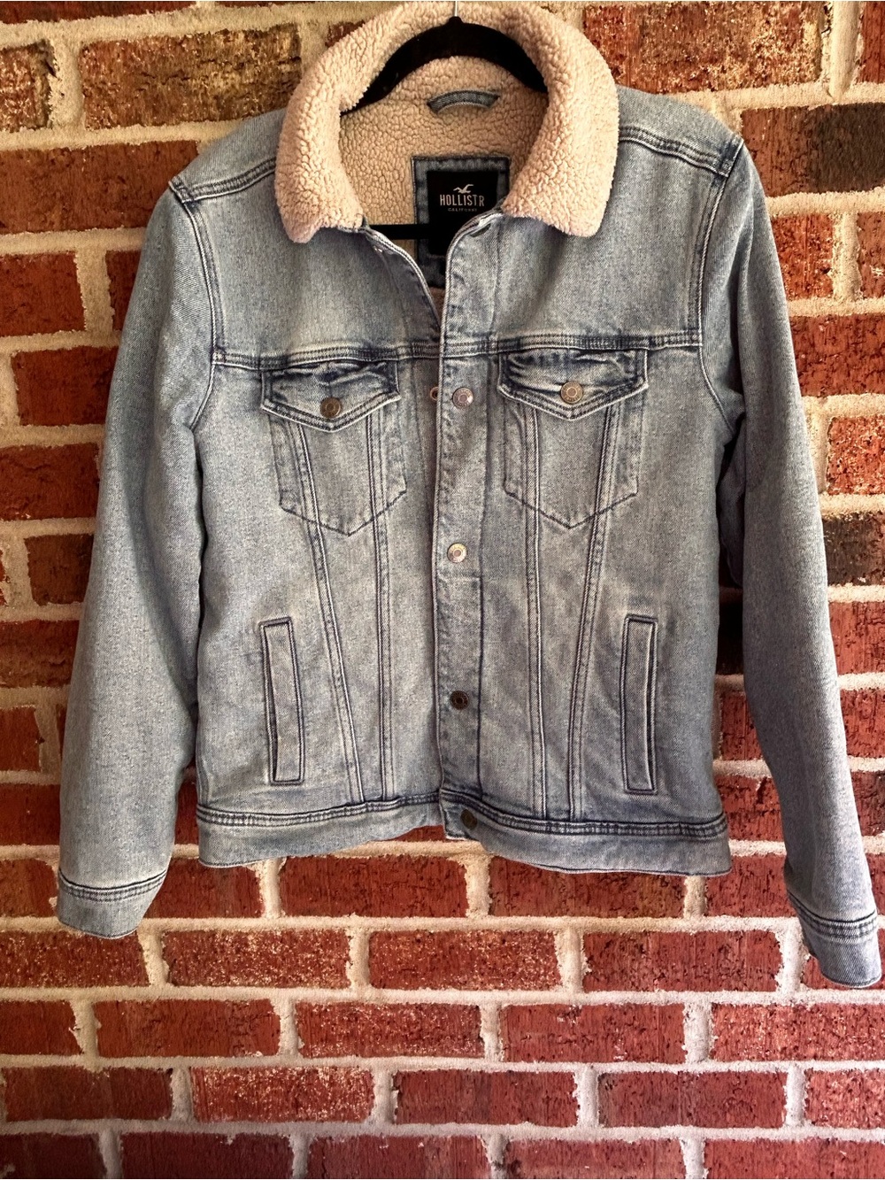 Hollister Light Blue Denim Jacket with Cream Sherpa Collar